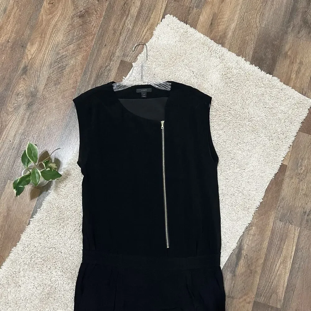 J.crew Size 8 Black Asymmetrical Zip Front Sleeveless 100% Viscose Jumpsuit